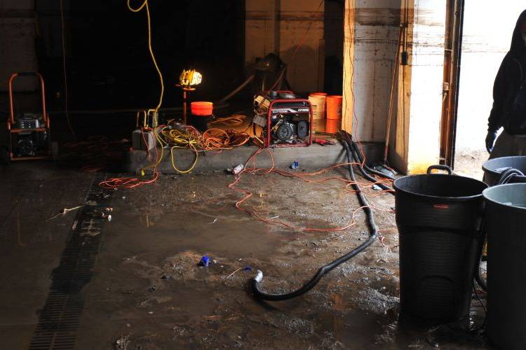 Crew cleaning up a flooded basement